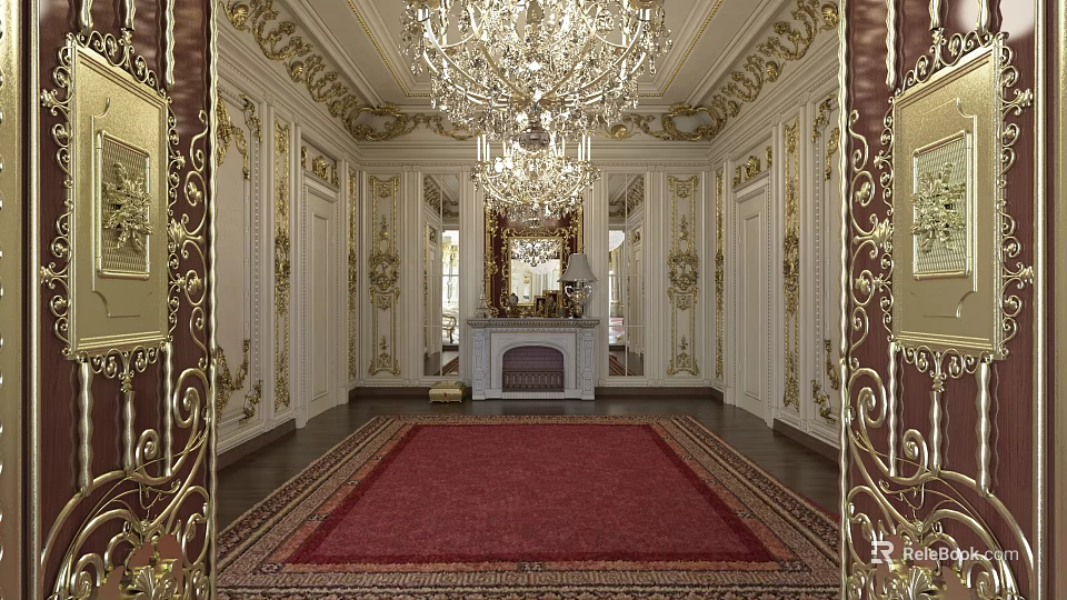 Luxury Clubhouse Interior With Golden Decor White Walls Grand Chandeliers Red Carpet And Fireplace 3d model 