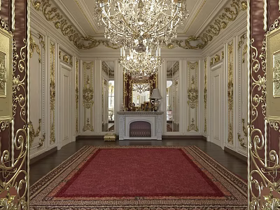 Luxury Clubhouse Interior With Golden Decor White Walls Grand Chandeliers Red Carpet And Fireplace 3d model