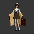 Game And Movie Character Young Girl In Traditional Outfit Holding Suitcase On Yellow Leaves