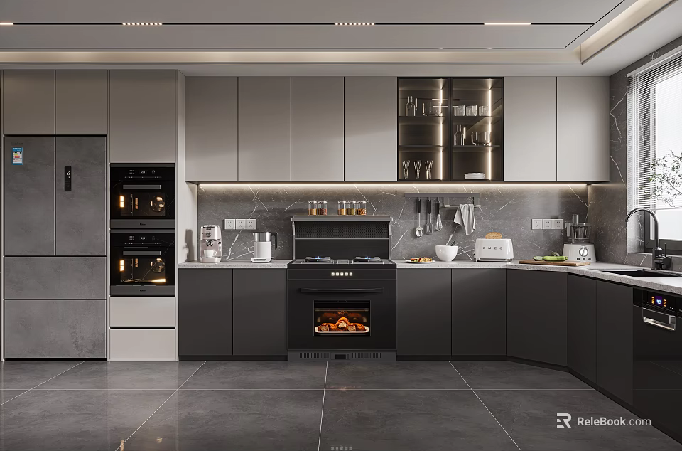 Modern Kitchen Interior With Gray Cabinets Built-in Ovens And Sleek Countertops 3d model 
