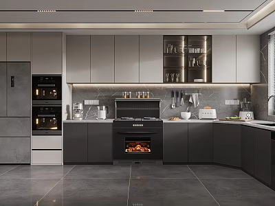 Modern Kitchen Interior With Gray Cabinets Built-in Ovens And Sleek Countertops 3d model