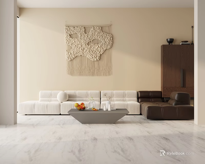 Modern Living Room With White Three-Seater Sofa Coffee Table Macramé Wall Hanging And Marble Floor 3d model 