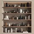 Ceramic Vessels Displayed on Wooden Shelves with Vases Jars Bowls in Various Colors Shapes