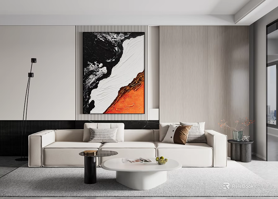 Three-Seater Beige Sofa In Modern Living Room With Pillows Coffee Table And Abstract Wall Art 3d model 