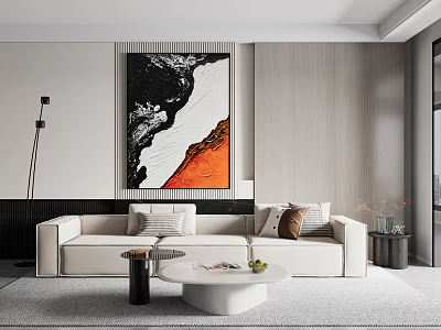 Three-Seater Beige Sofa In Modern Living Room With Pillows Coffee Table And Abstract Wall Art 3d model