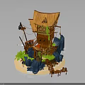 Rustic Treehouse Building With Thatch Roof Wooden Structure Green Plants Rocks And Stairs