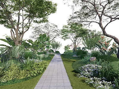 Lush Arbor Trees In Scenic Garden With Pathway And Greenery Plants 3d model
