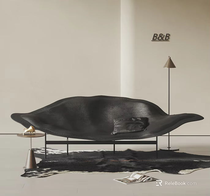 Black Leaf Shaped Leather Lounge Chair in Modern Interior With Metal Frame And Floor Lamp 3d model 