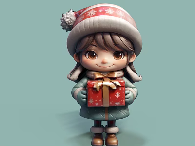 Cute 3D Game Movie Character With Santa Hat Holding Red Gift Box And Winter Coat 3d model