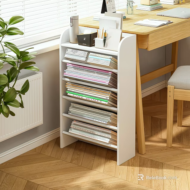 White Multi tiered Bookshelf in Study Corner With Organized Books And Stationery Near Wooden Desk 3d model 