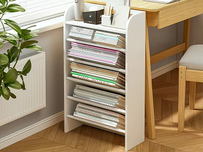 White Multi tiered Bookshelf in Study Corner With Organized Books And Stationery Near Wooden Desk 3d model