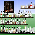 Stylish Wine Bottles and Glasses Display on Wooden Shelves with Framed Art