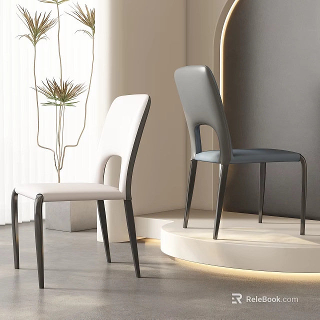 Modern Dining Chairs With White Gray Upholstery And Black Metal Legs In Contemporary Interior 3d model 