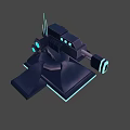 Futuristic Energy Weapon with Blue Glowing Elements Mounted on Dark Colored Base 3D Model Design