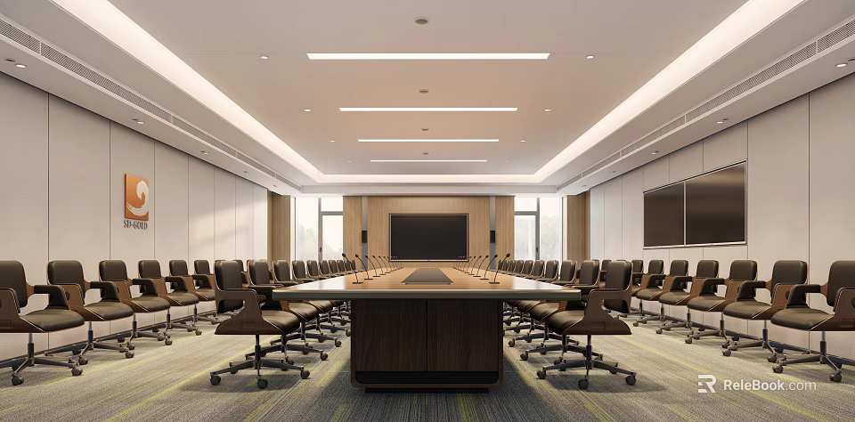 Modern Conference Room Interior With Long Table Chairs Ceiling Lights And Screens 3d model