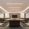 Modern Conference Room Interior With Long Table Chairs Ceiling Lights And Screens 3d model