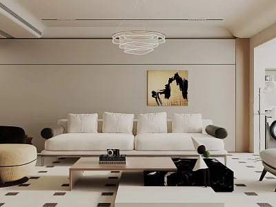 Modern Living Room Interior With White Sofa Chandelier Artwork And Coffee Table On Patterned Rug 3d model