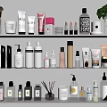 Elegant Perfumes And Cosmetics Display On Shelves With Various Bottles Jars And Brushes