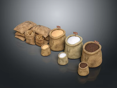 Various Burlap Sacks With Different Sizes Containing White And Brown Grains As Household Supplies 3d model