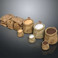 Various Burlap Sacks With Different Sizes Containing White And Brown Grains As Household Supplies