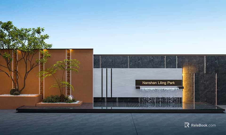 Harshan Living Park Modern Building Exterior Wall With Brown Gray Finish Green Plants And Waterfall 3d model 