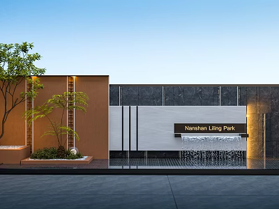 Harshan Living Park Modern Building Exterior Wall With Brown Gray Finish Green Plants And Waterfall 3d model