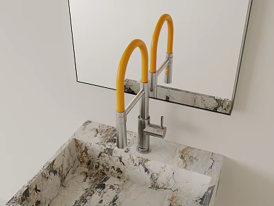 Modern Yellow Curved Spout Silver Faucet Over Marble Sink With Mirror 3d model