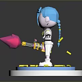 3D Character With Blue Hair White Outfit Holding Pink Yellow Ball And Yellow Blocks On Base