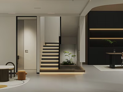 Modern Basement Space With Stairs And Greenery 3d model