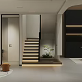 Modern Basement Space With Stairs And Greenery 3d model