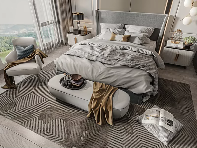 Modern Double Bed Bedroom Interior With Upholstered Headboard Gray Bedding And Geometric Rug 3d model
