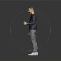 Man wearing dark blue long sleeve shirt gray pants white shoes with right hand extended