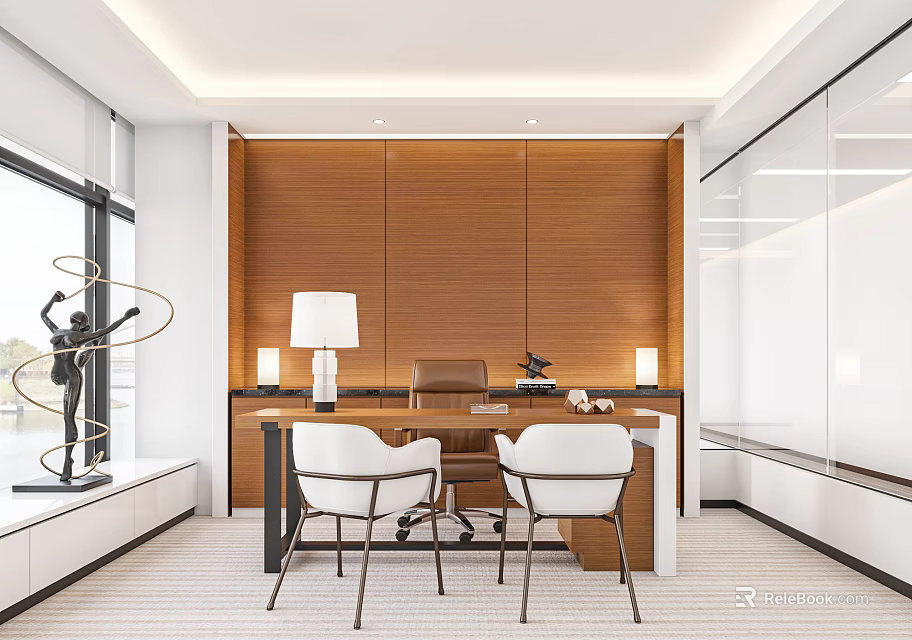 Modern Office Interior With Wooden Backdrop Desk Chair Table Lamp And Floor To Ceiling Window 3d model 