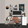 Modern Home Office Desk Setup With Orange Chair Computer Monitor Bookshelf And Star Wars Poster