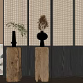Bonsai Plants In Black Vases On Wooden Pedestals With Perforated Screen Background And Framed Artwork