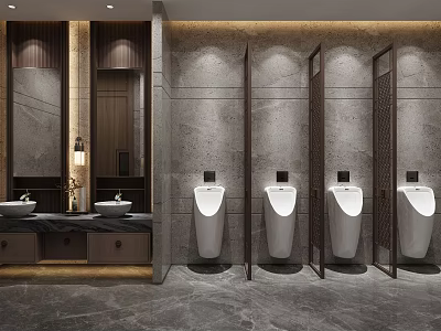 Modern Public Restroom Interior With Urinals Washbasins Marble Walls And Wooden Accents 3d model