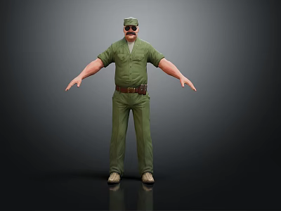 A Man in Green Uniform With Hat Sunglasses and Arms Outstretched Against Dark Background 3d model