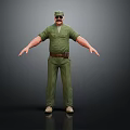 A Man in Green Uniform With Hat Sunglasses and Arms Outstretched Against Dark Background