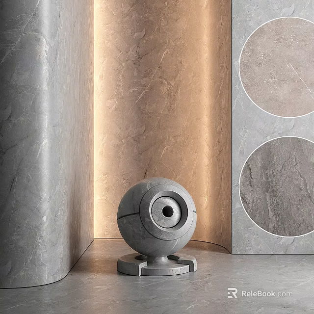 Gray Spherical Component With Square Base On Textured Wall And Circular Decorations With Soft Lighting 3d model