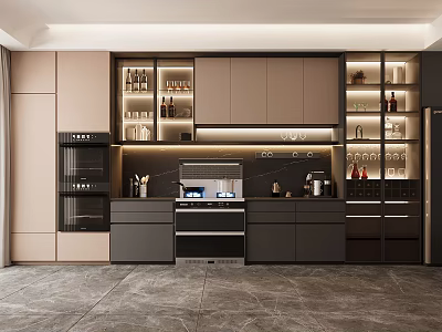 Modern Kitchen Interior Design With Dark And Light Cabinets Appliances And Shelves With Wine Bottles 3d model