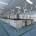 Modern Laboratory Interior With Lab Benches Ventilation Arms Warning Floor Stripes And Ceiling Lights 3d model