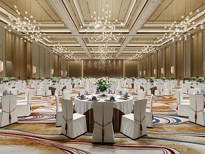 Luxurious Spacious Banquet Hall Interior With Elegant Chandeliers Round Tables And Patterned Carpet 3d model