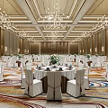 Luxurious Spacious Banquet Hall Interior With Elegant Chandeliers Round Tables And Patterned Carpet