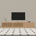 Wooden TV Stand With Rattan Panel Doors Drawers Flat Screen TV Oranges And Decorative Items