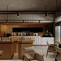 Modern Cafe Interior Design With Wooden Counter Decorative Posters Hanging Lights And Coffee Area