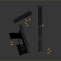 Two Tactical Pistols With Suppressor And Scattered Bullets On Dark Reflective Surface
