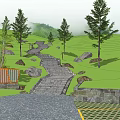 Road Facilities Featuring Stone Path Steps Green Grassland Trees And Mountain View