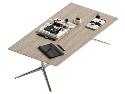 Modern Coffee Table Featuring Wooden Top Metal Legs Magazines Notebook Pen And Mug 3d model