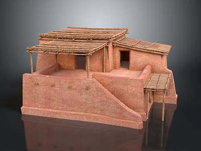Traditional Clay Brick Building With Wooden Beam Supported Thatch Roof And Stepped Platform 3d model