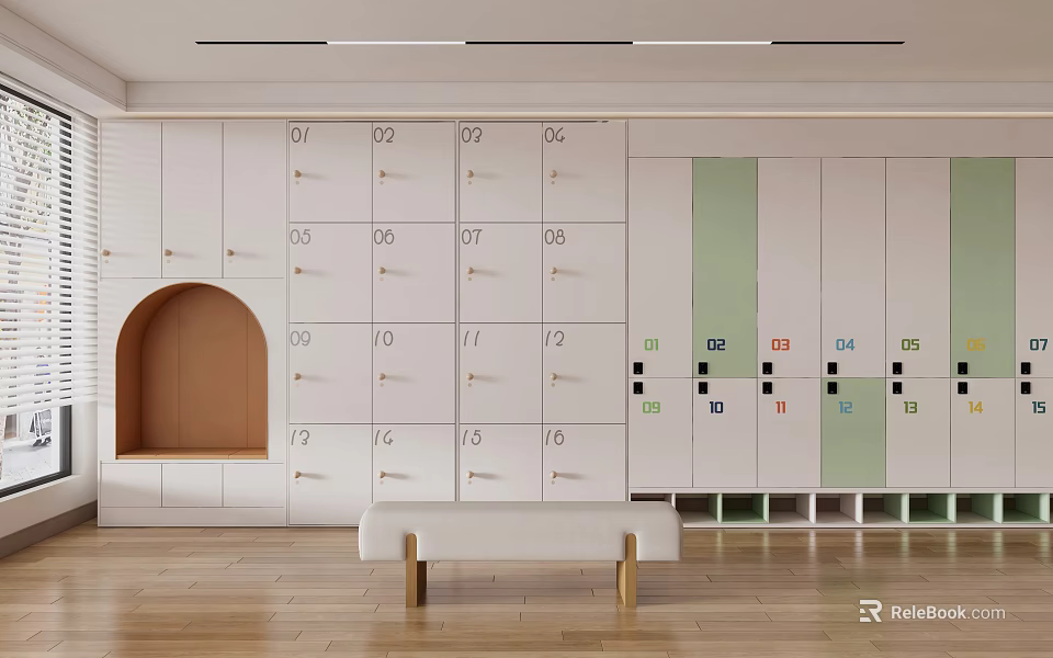 Modern Numbered Lockers In Indoor Space With White Green Design And Wooden Floor Bench 3d model 